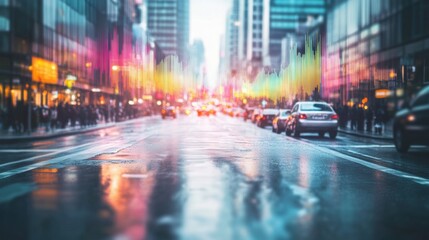 Poster - Busy urban road with vibrant sound waves visualized under a colorful sky during a bustling city evening. Generative AI