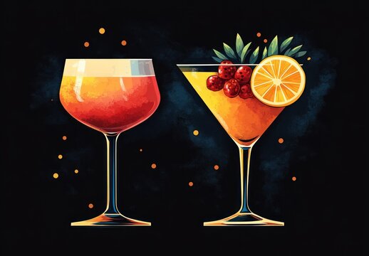 New Year Cocktail Celebration Illustrated Greeting Card with Colorful Drinks and Berries on Black Background