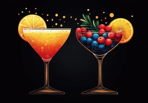 New Year Celebration Cocktail Illustration with Berries and Lemon Slice on Black Background