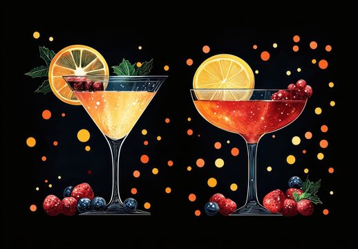 New Year Cocktail Celebration Illustration with Berries and Lemon Slice on Black Background
