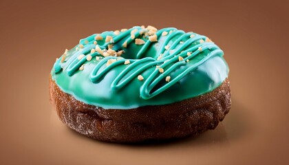 Wall Mural - Cruller Mint Chocolate Donut with Glaze Toping on Brown Background Isolated