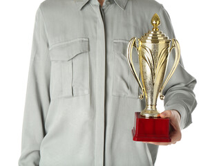 Wall Mural - woman with golden trophy cup on white background, closeup