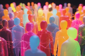Leinwandbilder - Colorful 3D avatars interconnected with glowing lines illustrate a vibrant digital social media network concept. Generative AI