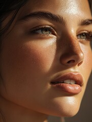 Poster - Close up portrait of a woman showcasing flawless skin and natural beauty in soft lighting. Generative AI