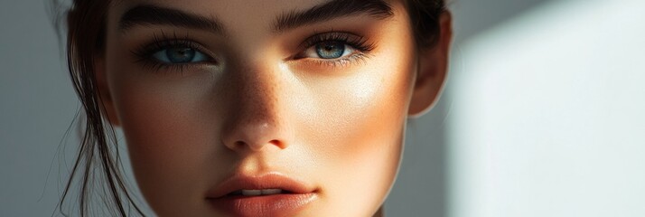 Poster - Stunning close up portrait of a woman showcasing her flawless skin and captivating blue eyes in soft natural light. Generative AI
