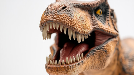 Close-up of a T-Rex figurine's jaw and teeth, showcasing prehistoric predator's fierce anatomy.