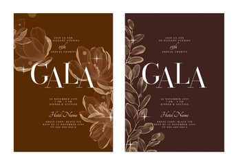 Wall Mural - charity gala dinner invitation features flowing, translucent flowers and leaves on rich brown and go
