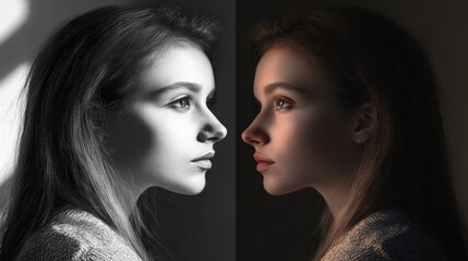 Poster - Mood transformation captured as grayscale sadness shifts to vibrant expression of joy and hope. Generative AI