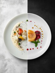 Aufkleber - Artistic culinary presentation featuring two contrasting dishes on a divided plate. Generative AI