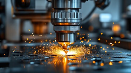 Canvas Print - Precision laser cutting process in a workshop, sparks flying as metal is shaped for manufacturing