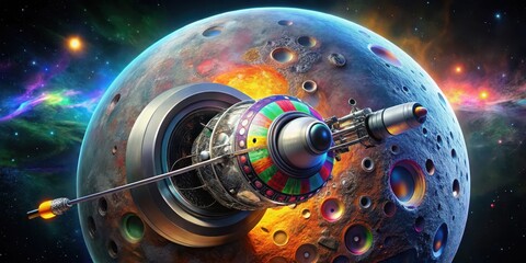 Wall Mural - cosmic roulette a vibrant spacecraft, resembling a celestial wheel of fortune, orbits a cratered pla