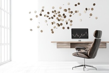Poster - Modern office with falling coins and stock chart, wealth concept