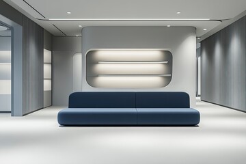 Aufkleber - Modern waiting area with gray walls, white shelves, and blue sofa