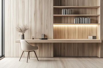 Poster - Modern wooden workspace with bookshelves and chair