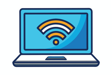 Leinwandbilder - Laptop displaying Wi-Fi signal icon with vibrant colors against a blue background, illustrating connectivity and technology trends in digital environments