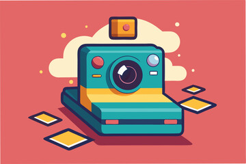Aufkleber - Colorful retro camera illustration showcasing a playful design with geometric shapes in a vibrant backdrop, capturing the essence of nostalgia in photography