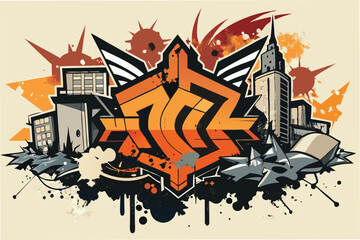 Poster - Creative basketball-themed graffiti art featuring vibrant colors and urban elements set against a city skyline backdrop