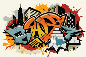 Poster - Creative basketball-themed graffiti art featuring vibrant colors and urban elements set against a city skyline backdrop