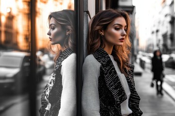 Poster - Transformation from casual messy look to elegant stylish outfit in street fashion photography. Generative AI