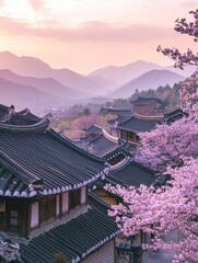 Poster - Beautiful cherry blossom trees bloom over traditional roofs in a serene mountain landscape at sunset. Generative AI