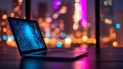 Poster - Modern technology background featuring a laptop with blurred city night lights, showcasing a futuristic digital work environment and innovation concept for business, remote work, and tech-themed desig