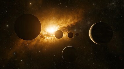 planets aligned in front of a bright cosmic nebula