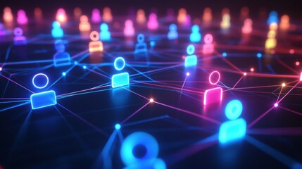 Aufkleber - Futuristic digital network showcasing vibrant 3D avatars interconnected with glowing neon lines in an imaginative landscape. Generative AI