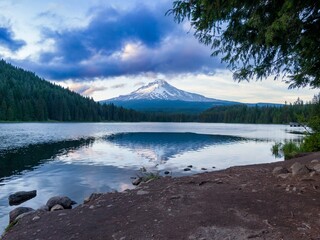 Poster - Peaceful Trillium Lake scene at sunset, Mt. Hood reflected in calm water. Nature's beauty.  Oregon, United States