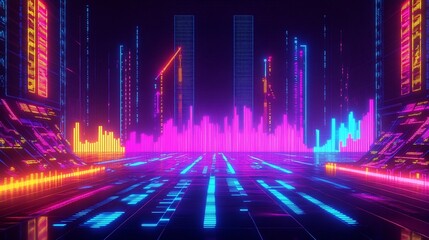 Aufkleber - Neon Retro-Futuristic Cityscape with Data Visualization