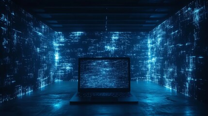 Poster - Glowing laptop screen in a dark room showcasing futuristic technology concept with digital light reflections and cyber aesthetic for modern tech innovation backgrounds
