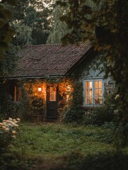 Aufkleber - Natures embrace contrasts with a restored cottage glowing warmly in the twilight. Generative AI