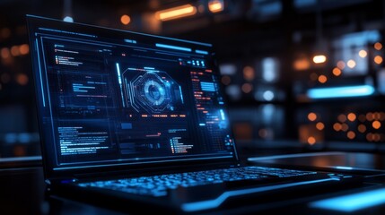 Poster - Glowing laptop screen in a dark room showcasing futuristic technology concept with digital light reflections and cyber aesthetic for modern tech innovation backgrounds

