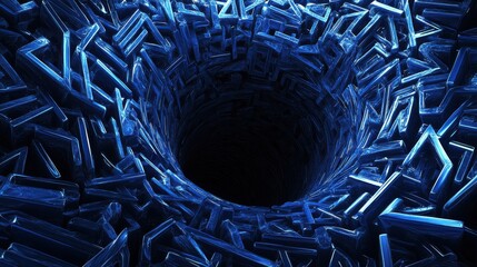 Poster - Abstract Deep Tunnel with Blue Crystal-Like Structures Surrounding a Dark Center in a Futuristic Design