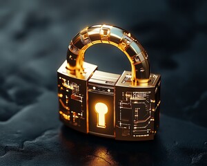 Poster - Golden padlock with advanced electronic circuits and glowing digital lines, representing the secure protection of confidential data and the prevention of cyber fraud
