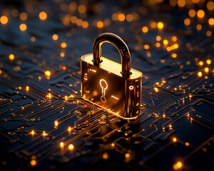 Poster - Golden padlock with electronic circuits and glowing digital patterns, symbolizing nextgeneration data protection, secure password systems, and fraud prevention in a connected world