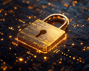 Poster - Golden padlock with electronic circuits and glowing digital patterns, symbolizing nextgeneration data protection, secure password systems, and fraud prevention in a connected world