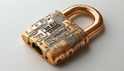Poster - A golden padlock with embedded electronic circuits and digital security symbols, representing the protection of confidential data, digital password security, and fraud prevention