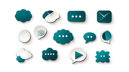 Teal and White Paper Speech Bubble Icons: A Digital Illustration Set AI Generated