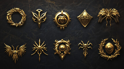 Game level golden ui icons, buttons, empty badges or banners with green glossy plank, gold wings, laurel wreath or spider legs decor. Isolated award or bonus frames, Vector graphic elements for rpg