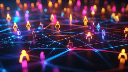 Fototapete - Futuristic digital network with diverse 3D avatars interconnected by vibrant neon lines. Generative AI