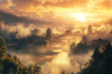 Leinwandbilder - Beautiful sunset over ancient pagodas in a serene lake surrounded by misty mountains. Generative AI