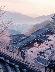 Aufkleber - Serenity of cherry blossoms in traditional architecture against a pastel sky at dawn. Generative AI