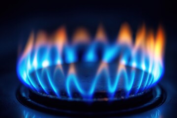Leinwandbilder - Close up view of bright blue gas flame flickering on a stove at night in a dimly lit kitchen. Generative AI