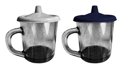 Aufkleber - A glass coffee cup in halftone style illustration with a transparent background. Bold color and a retro, graphic print aesthetic. Ideal for poster and collage design element