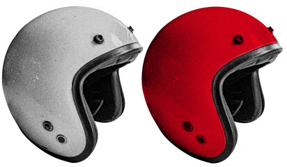 Aufkleber - Motorcycle Helmet in halftone style illustration with a transparent background. Bold color and a retro, graphic print aesthetic. Ideal for poster and collage design element