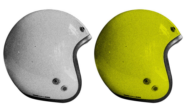 Motorcycle Helmet in halftone style illustration with a transparent background. Bold color and a retro, graphic print aesthetic. Ideal for poster and collage design element