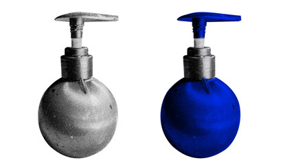 Aufkleber - Pump Bottle in halftone style illustration with a transparent background. Bold color and a retro, graphic print aesthetic. Ideal for poster and collage design element