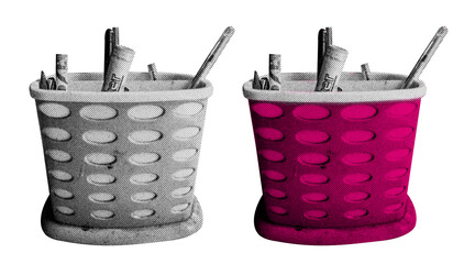 Aufkleber - Pencil Basket in halftone style illustration with a transparent background. Bold color and a retro, graphic print aesthetic. Ideal for poster and collage design element