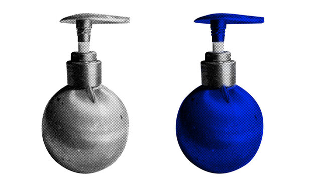 Pump Bottle in halftone style illustration with a transparent background. Bold color and a retro, graphic print aesthetic. Ideal for poster and collage design element