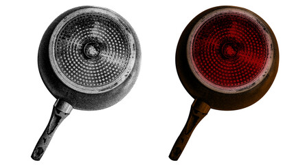 Aufkleber - A Frying Pan in halftone style illustration with a transparent background. Bold color and a retro, graphic print aesthetic. Ideal for poster and collage design element